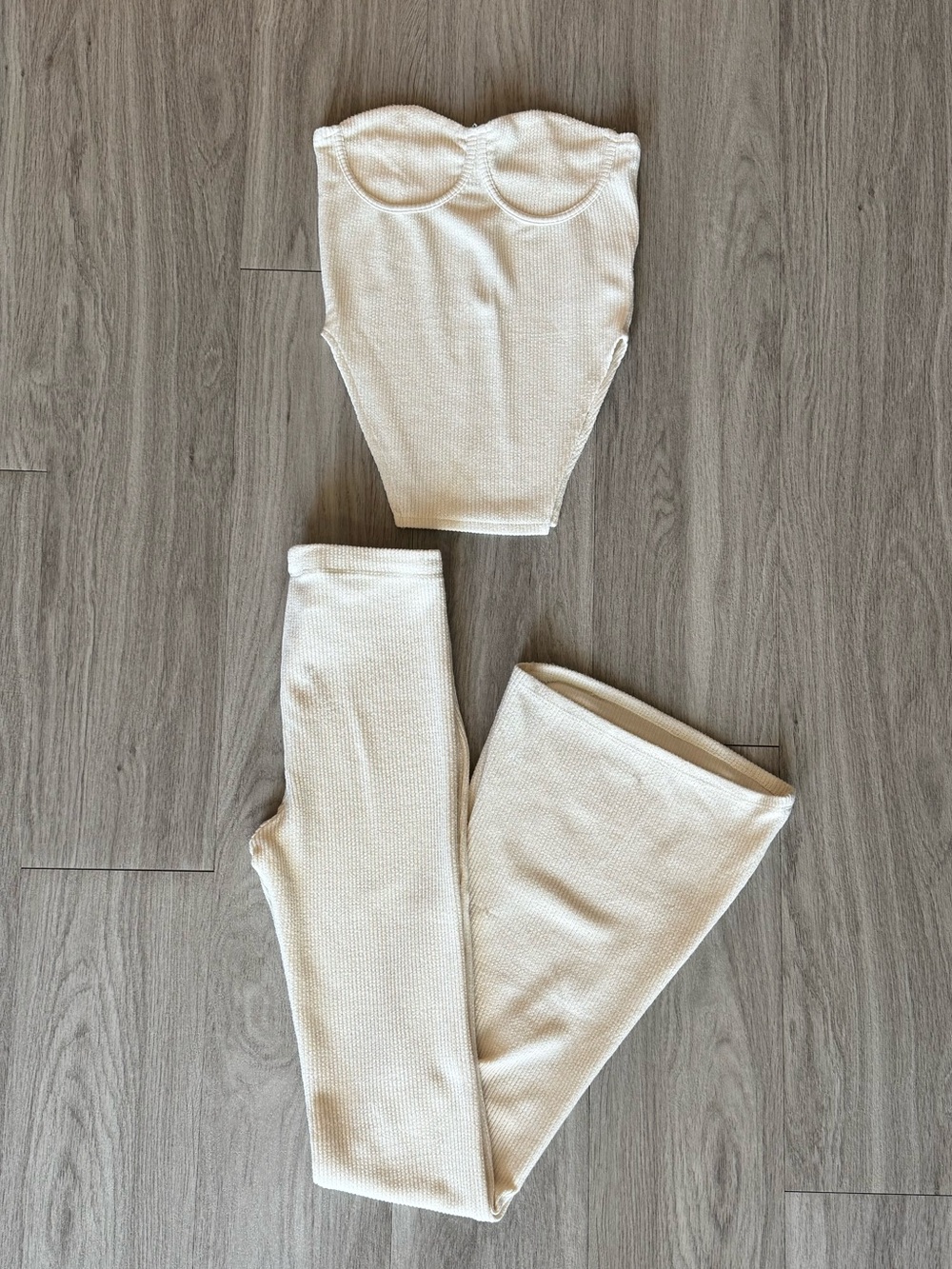 Cream Ribbed Strapless Bustier Top and Matching Pants Set